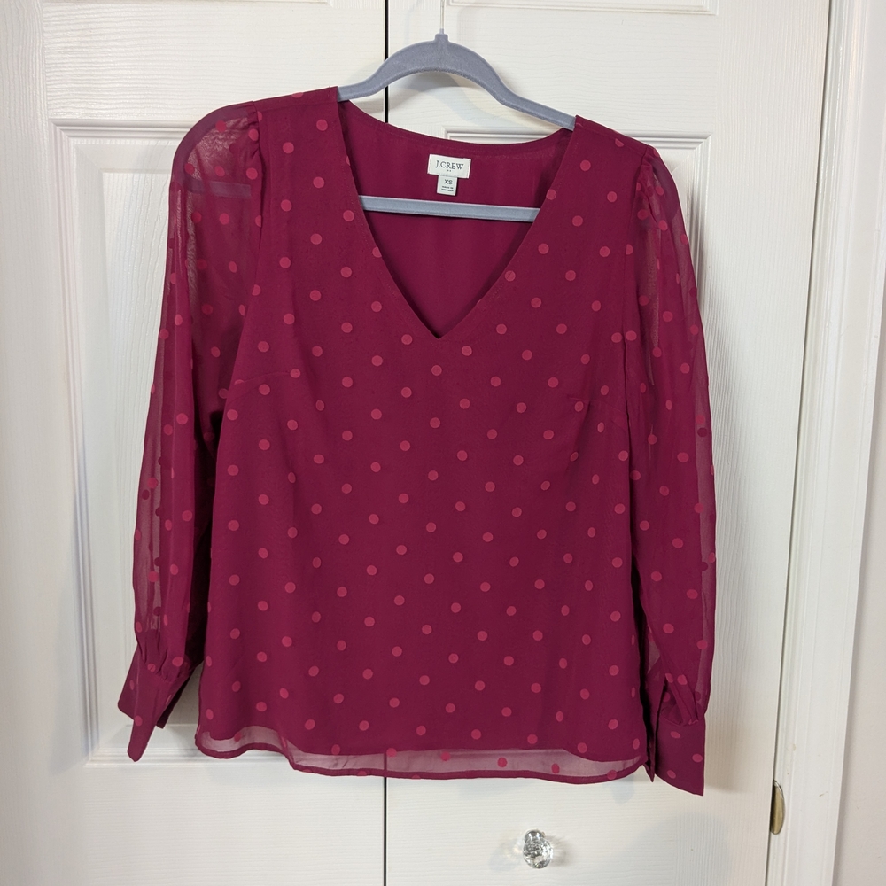 J. Crew Factory XS Blouse Chiffon Dotted Top , Brilliant Berry